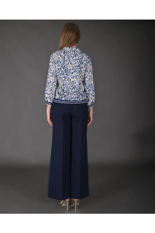 Modatalika Kadın Özel Tasarım Takım Gömlek Yaka Fermuar Detaylı Pantolon Bluz Ribanalı Desenli