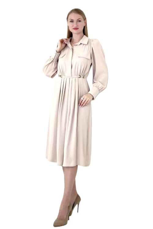 Modatalika Kadın Pile Detaylı Kemerli Gömlek Yaka Şık Uzun Kolu Midi Elbise