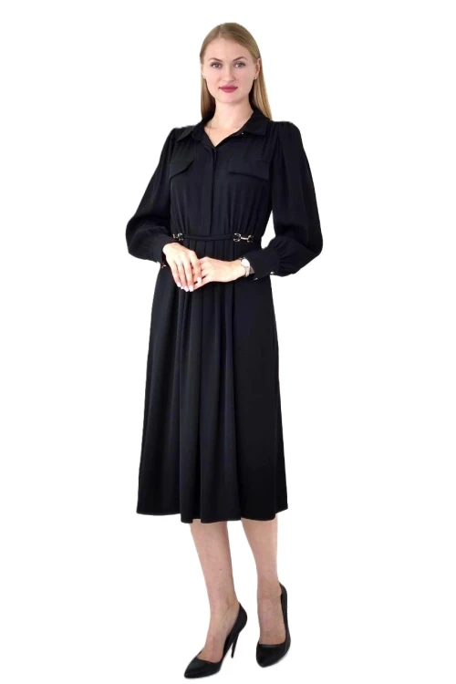 Modatalika Kadın Pile Detaylı Kemerli Gömlek Yaka Şık Uzun Kolu Midi Elbise