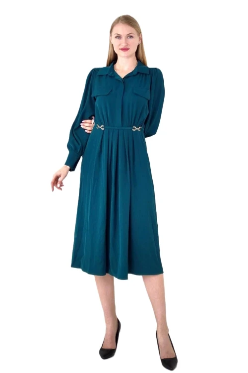 Modatalika Kadın Pile Detaylı Kemerli Gömlek Yaka Şık Uzun Kolu Midi Elbise