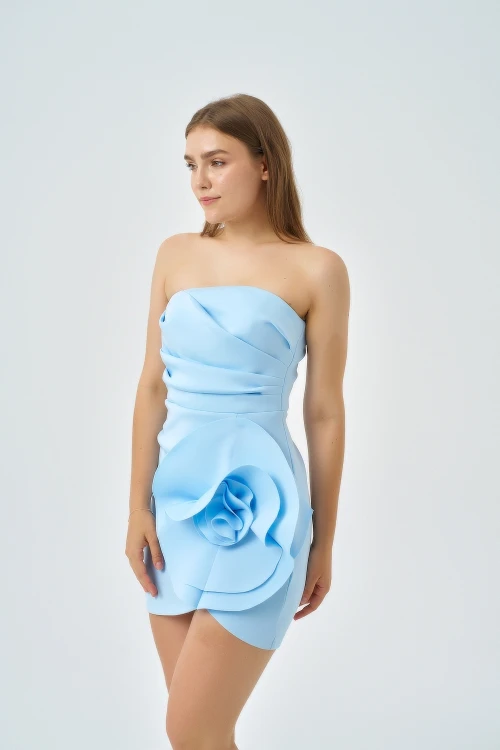 Modatalika Kadın Scuba Kumaş Gül Detaylı Mini Abiye Elbise