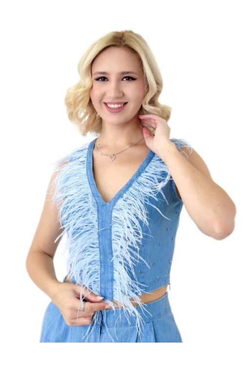 Modatalika Kadın Taş Ve Tüy Detaylı Bol Paça Şık Ve Spor İkili Takım