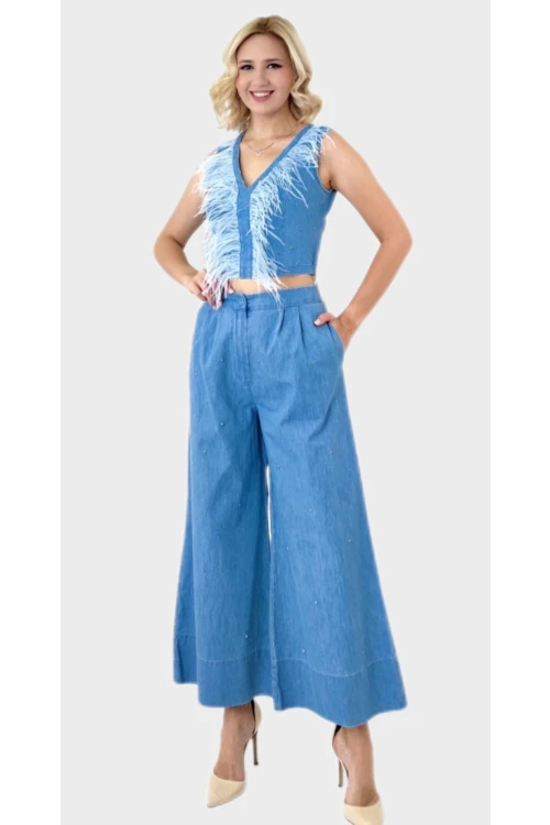 Modatalika Kadın Taş Ve Tüy Detaylı Bol Paça Şık Ve Spor İkili Takım