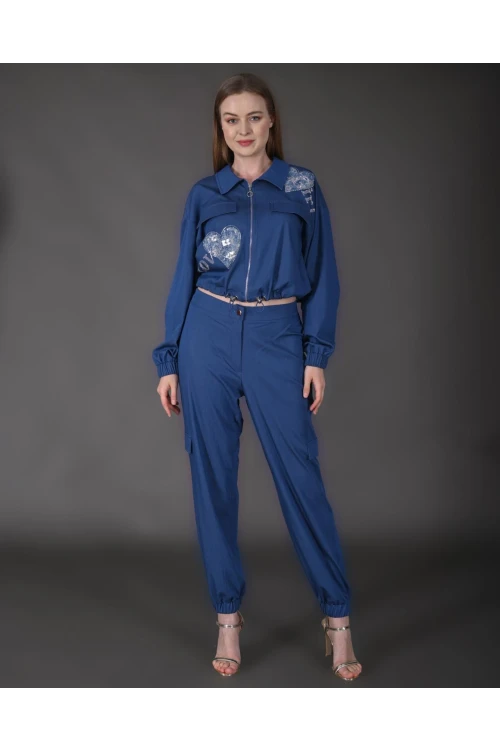 Modatalika Kadın Yeni Sezon Denim Ceket Taş Detaylı Pantolon Spor İkili Takım