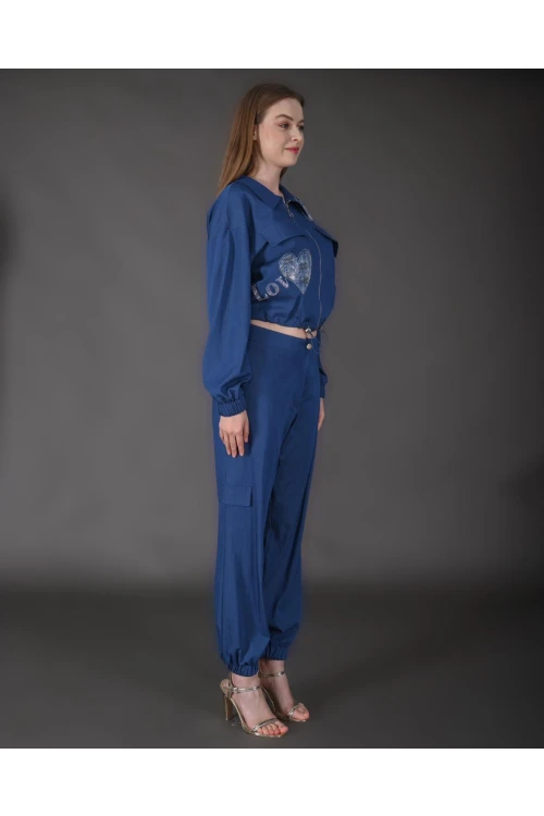 Modatalika Kadın Yeni Sezon Denim Ceket Taş Detaylı Pantolon Spor İkili Takım