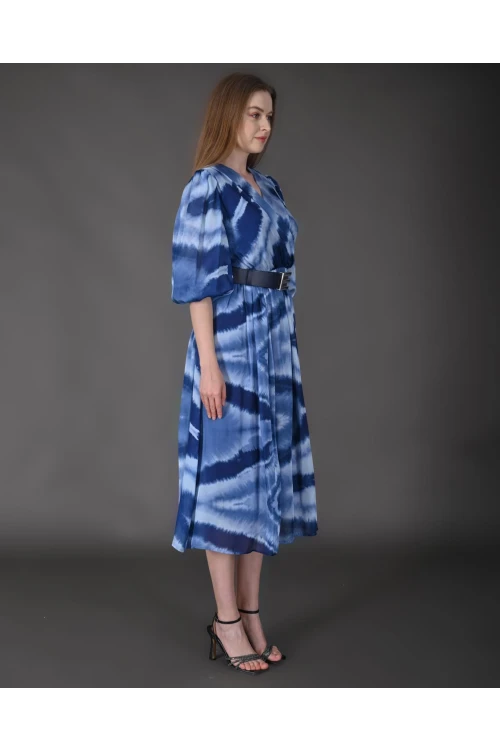 Modatalika Kadın Midi Boy İpek Şifon Dijital Desenli Truvakar Balon Kol Kemer Detaylı Elbise