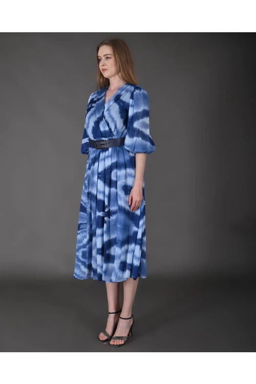 Modatalika Kadın Midi Boy İpek Şifon Dijital Desenli Truvakar Balon Kol Kemer Detaylı Elbise