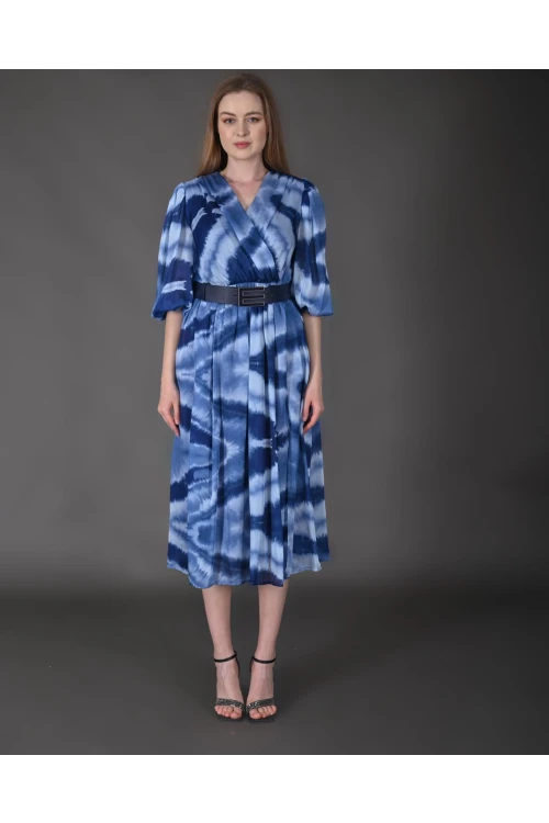 Modatalika Kadın Midi Boy İpek Şifon Dijital Desenli Truvakar Balon Kol Kemer Detaylı Elbise