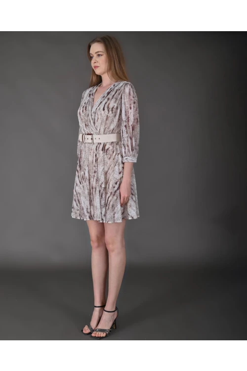 Modatalika Kadın Yeni Sezon Mini Boy Desenli Truvakar Kol Kemer Detaylı Mini Elbise