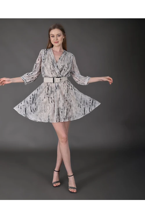 Modatalika Kadın Yeni Sezon Mini Boy Desenli Truvakar Kol Kemer Detaylı Mini Elbise