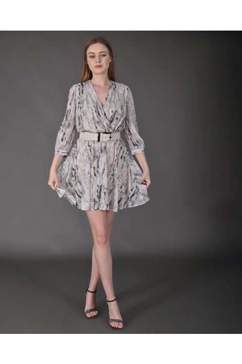 Modatalika Kadın Yeni Sezon Mini Boy Desenli Truvakar Kol Kemer Detaylı Mini Elbise
