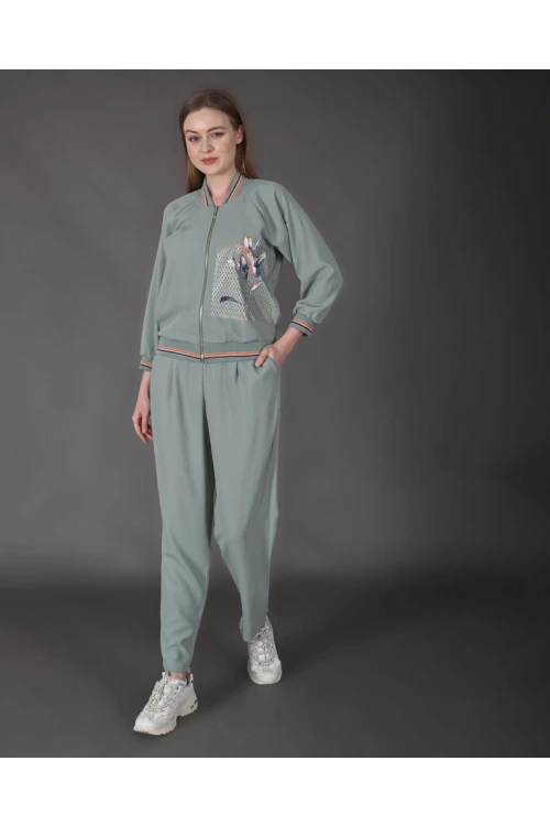 Modatalika Kadın Yeni Sezon Renkli Ribanalı Spor Ceket Pantolon İkili Takım