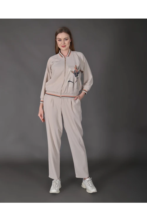 Modatalika Kadın Yeni Sezon Renkli Ribanalı Spor Ceket Pantolon İkili Takım