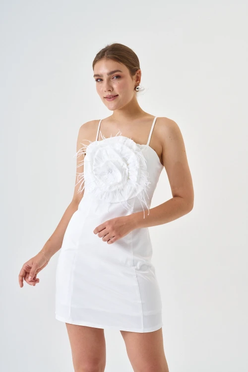 Modatalika Pamuk Saten Kumaş Mini Boy Gül Detaylı Askılı Abiye Elbise