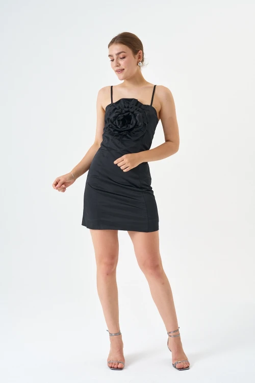 Modatalika Pamuk Saten Kumaş Mini Boy Gül Detaylı Askılı Abiye Elbise