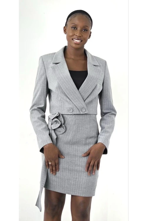 Trend Kadın Blazer Detaylı Crop Ceket Etek Takım Elbise