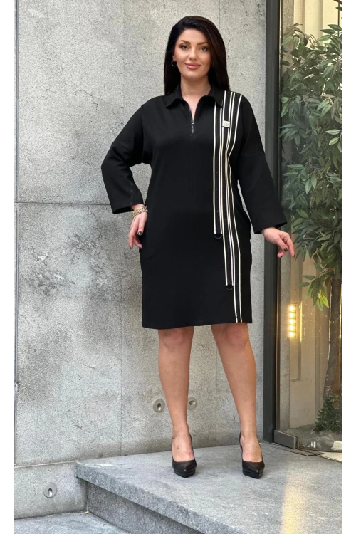 Trend Kadın Büyük Beden Özel Tasarım Taşlı Şerit Detaylı Şık Elbise