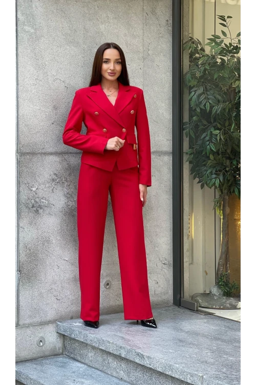 Trend Kadın Düğme ve Aksesuar Detaylı Ceket Pantolon İkili Takım