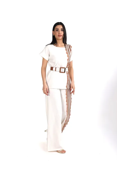 Trend Kadın Krem Keten Dokulu Bol Paça Pantolon ve Kısa Kollu Bluz Takımı