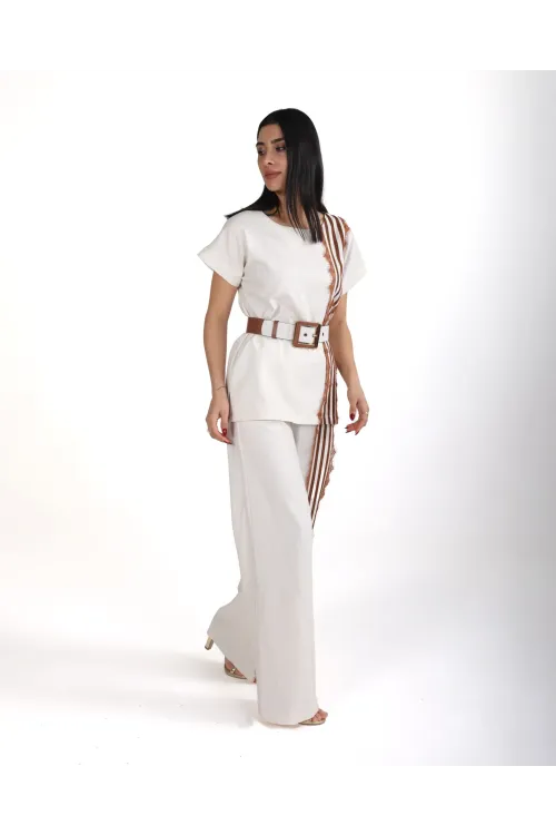 Trend Kadın Krem Keten Dokulu Bol Paça Pantolon ve Kısa Kollu Bluz Takımı