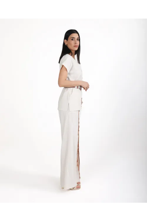 Trend Kadın Krem Keten Dokulu Bol Paça Pantolon ve Kısa Kollu Bluz Takımı