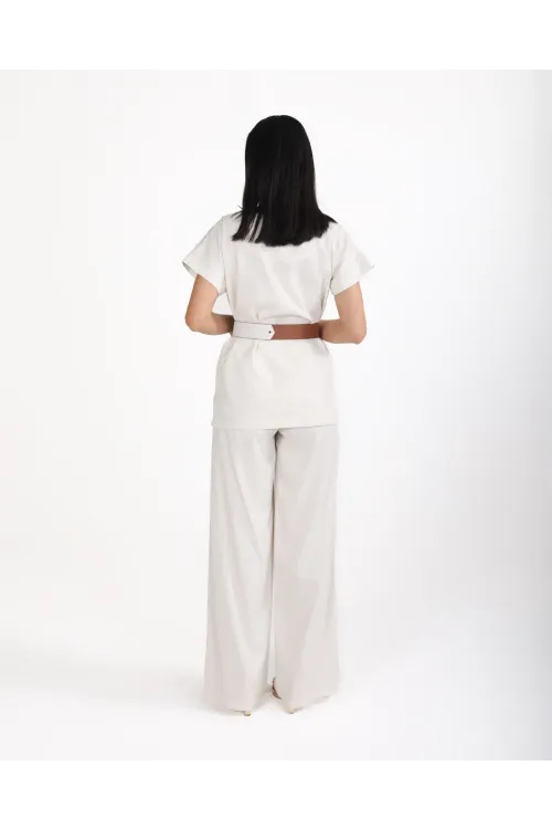 Trend Kadın Krem Keten Dokulu Bol Paça Pantolon ve Kısa Kollu Bluz Takımı
