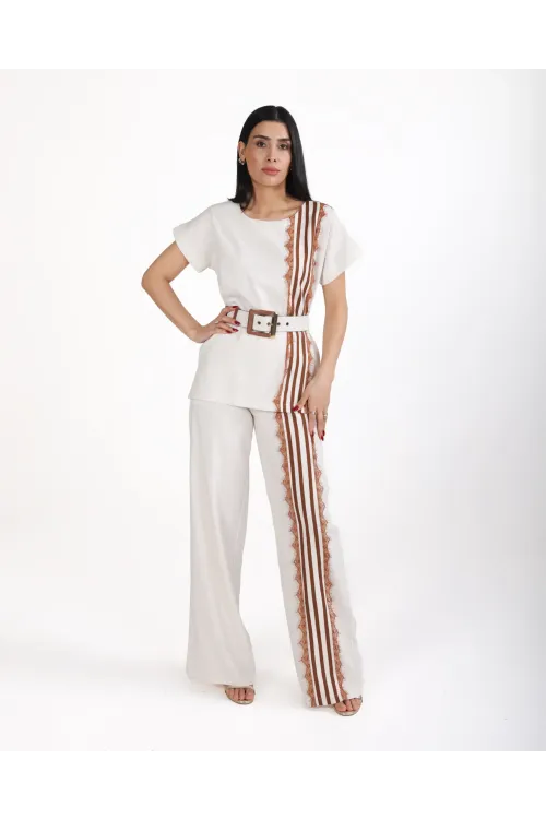 Trend Kadın Krem Keten Dokulu Bol Paça Pantolon ve Kısa Kollu Bluz Takımı