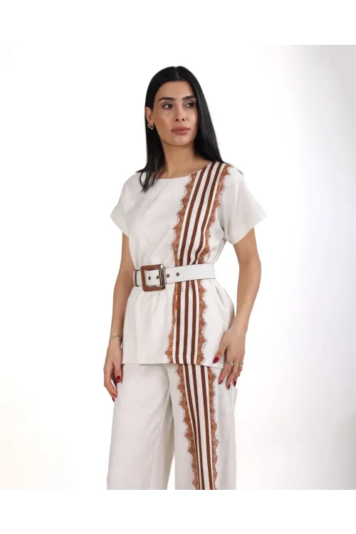 Trend Kadın Krem Keten Dokulu Bol Paça Pantolon ve Kısa Kollu Bluz Takımı