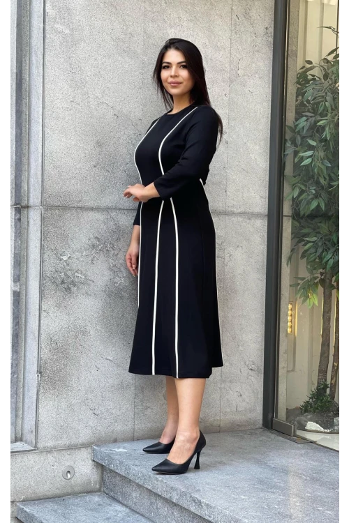 Trend Kadın Küçük Beden Biye Detaylı Truvakar Kol Kışlık Elbise