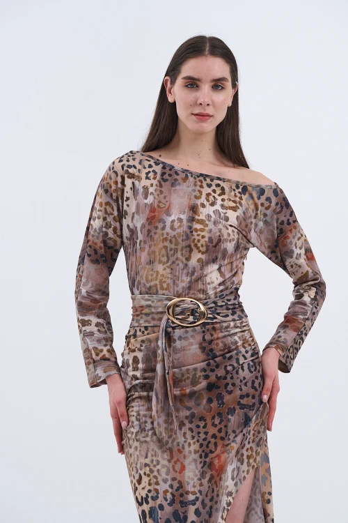 Trend Kadın Leopar Desenli Uzun Elbisemiz,