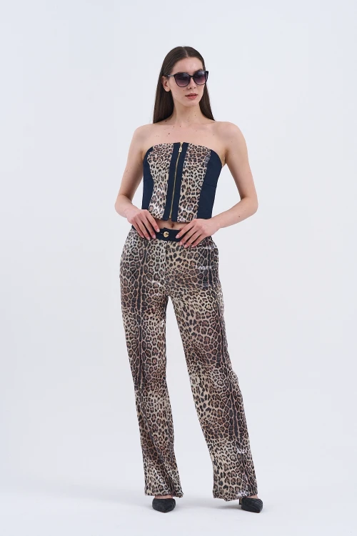 Trend Kadın Özel Tasarım Payetli Leopar İkili Takım