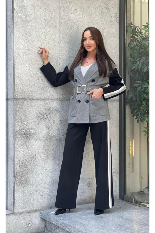 Trend Kadın Özel Tasarım Ribana Kemer Detaylı Pötikare Ceket Pantolon Şık İkili Takım