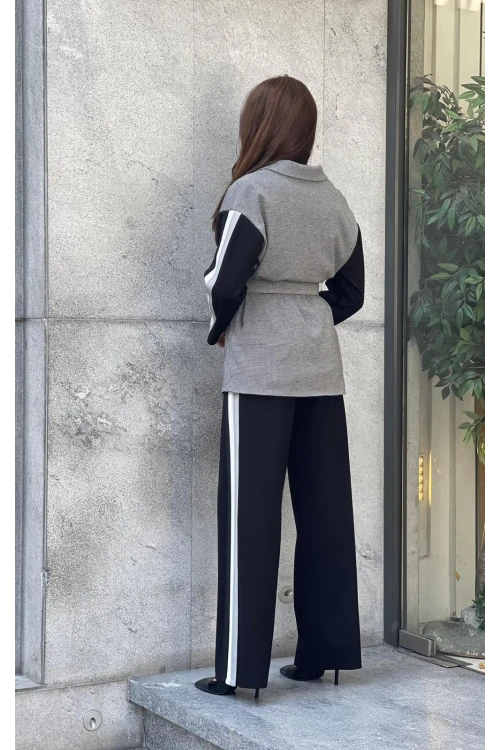 Trend Kadın Özel Tasarım Ribana Kemer Detaylı Pötikare Ceket Pantolon Şık İkili Takım