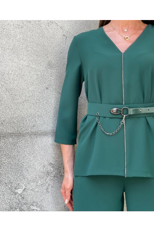 Trend Kadın Özel Tasarım Taşlı Zincir Ve Kemer Detaylı Bluz Pantolon Kadın İkili Takım