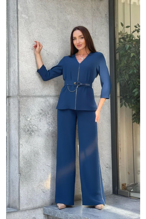 Trend Kadın Özel Tasarım Taşlı Zincir Ve Kemer Detaylı Bluz Pantolon Kadın İkili Takım