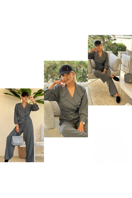 Trend Kadın Simli çizgiler ve asimetrik yaka bir arada! Truvakar kollu, kemerli tulumla fark yarat.