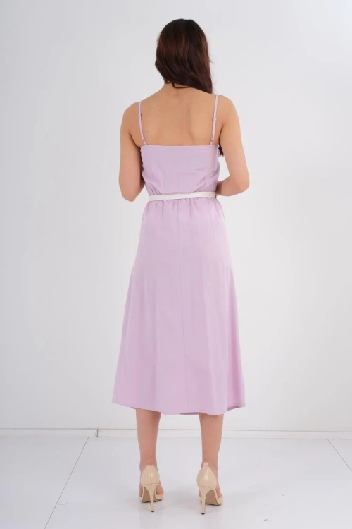 Trend Kadınl Yeni Sezon Pamuk Kumaş Midi Boy Gül Ve Kemer Detaylı Askılı Elbise