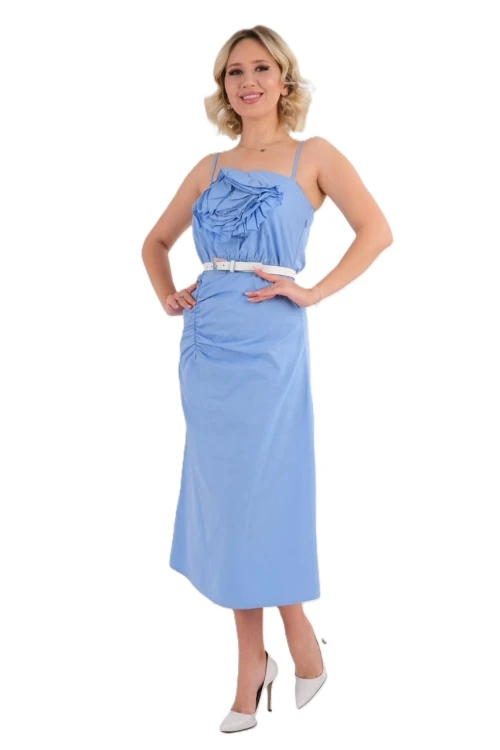 Trend Kadınl Yeni Sezon Pamuk Kumaş Midi Boy Gül Ve Kemer Detaylı Askılı Elbise