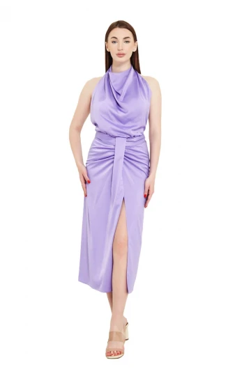 Modatalika Boyundan Bağlamalı Önü Yırtmaçlı Midi Boy Elbise