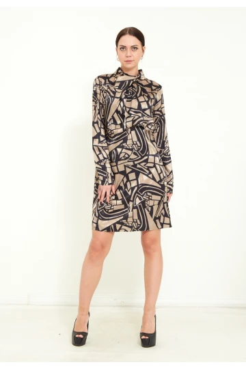 Modatalika Kadın Dijital Desen Baskı Detaylı Kemerli Şal Yaka Şık Mini Elbise