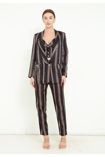 Modatalika Kadın Saten Kumaş Dijital Çizgi Baskılı Üçlü Takım