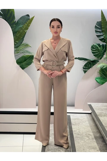 Modatalika Kadın Uzun Kollu Cep Kapak Detaylı Zincir Kemerli Şık Tulum