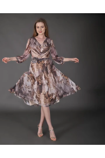 Modatalika Kadın Midi Boy Şifon Desenli Truvakar Kol Yeni Sezon Elbise