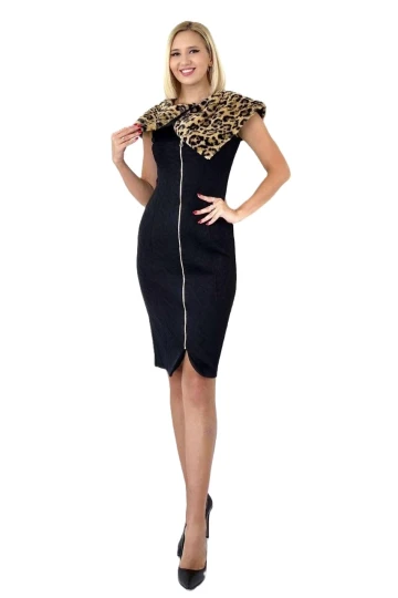 Modatalika Kadın Boydan Fermuarlı Leopar Yakalı Dantel Elbise