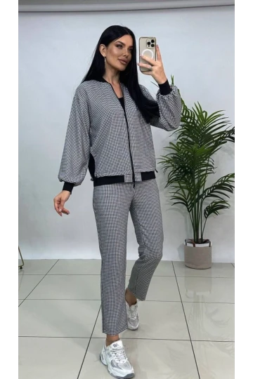 Modatalika Kadın Cepli Pötikare Desen İkili Pantolon Bluz Takım