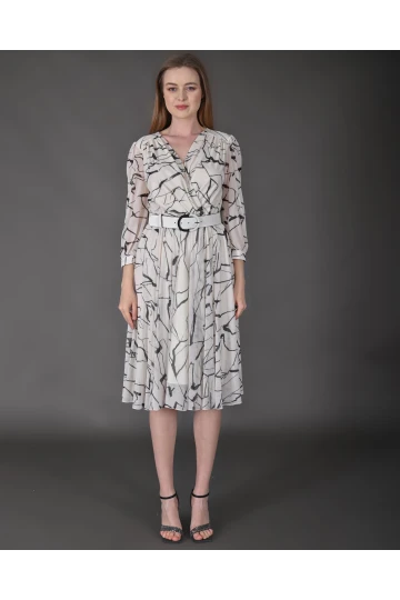 Modatalika Kadın Midi Boy Desenli Truvakar Kol Kemer Detaylı Yeni Sezon Elbise