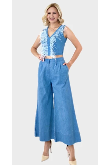 Modatalika Kadın Taş Ve Tüy Detaylı Bol Paça Şık Ve Spor İkili Takım