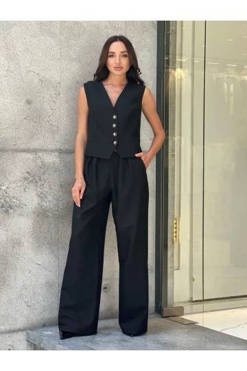 Trend Kadın Önü Düğme Kapamalı Arkası Leopar Desenli Bol Pantolon İkili Takım