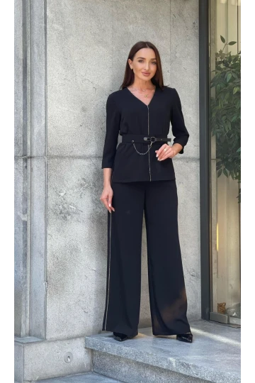 Trend Kadın Özel Tasarım Taşlı Zincir Ve Kemer Detaylı Bluz Pantolon Kadın İkili Takım