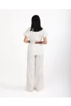 Trend Kadın Krem Keten Dokulu Bol Paça Pantolon ve Kısa Kollu Bluz Takımı
